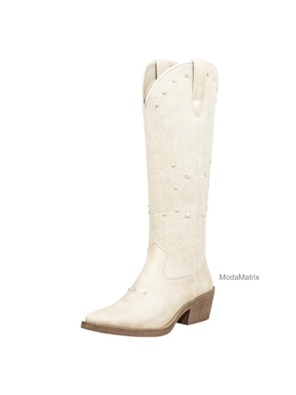 Pearl Cowboy Boots Pointed Toe Knee High Western Boots Embossed Detail